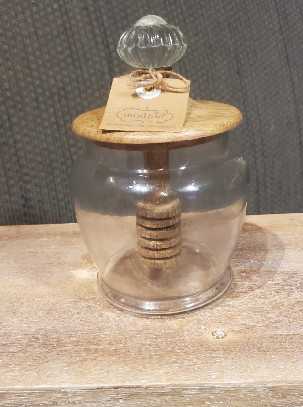 NWT Mud Pie Glass Honey Jar with Mango Wood Lid and Glass Knob